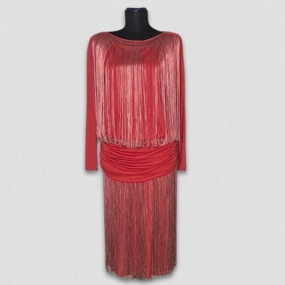 Vintage rare 70s Red Fringe 20s Flapper style elegant Cocktail Dress Sz L - Picture 1 of 13